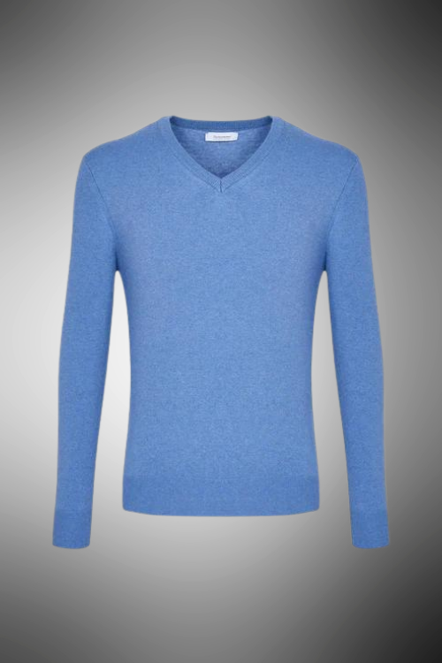 Pullover scollo a v azzurro misto cachemire