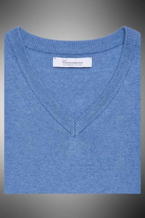 Pullover scollo a v azzurro misto cachemire