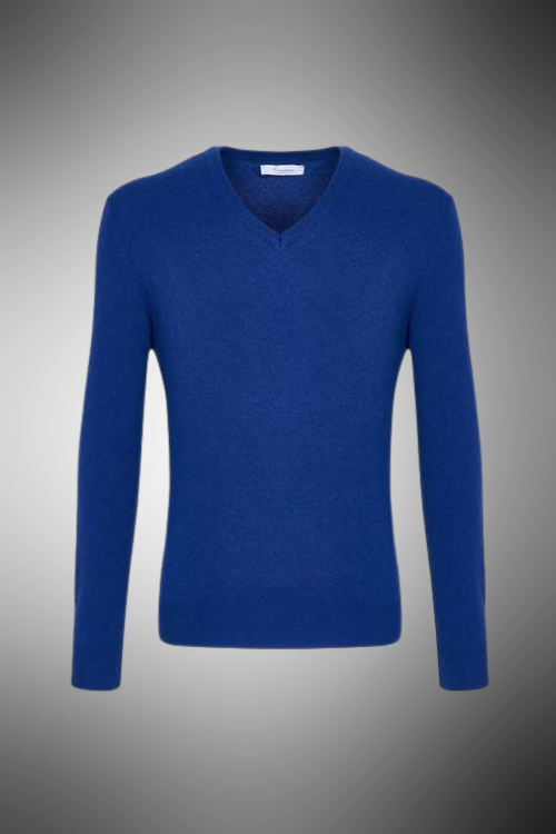 Pullover scollo a v denim misto cachemire