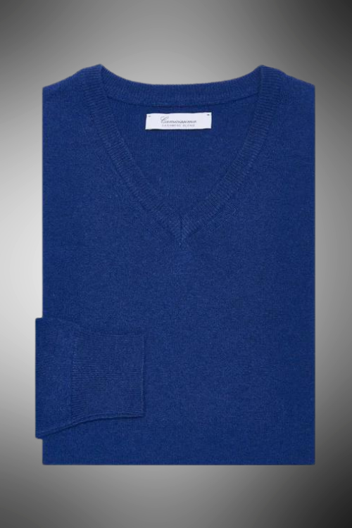 Pullover scollo a v denim misto cachemire