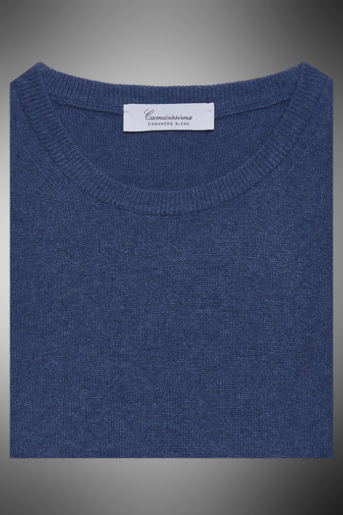 Pullover scollo a v denim misto cachemire