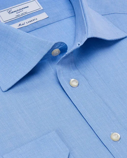Camicia permanent azzurra, con taschino, slim caserta francese