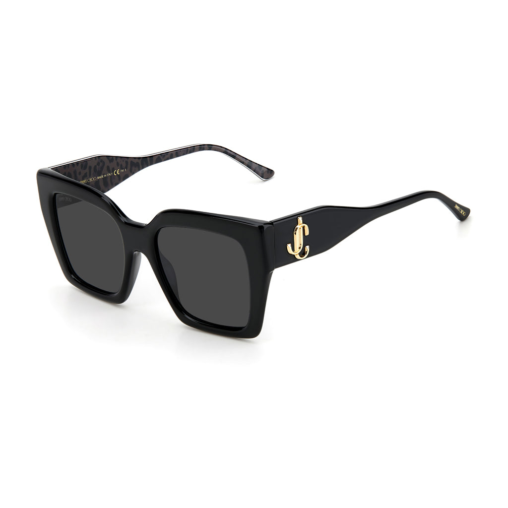 OCCHIALI DA SOLE JIMMY CHOO DONNA SQUADRATI NERI CON CRISTALLI E LOGO JC