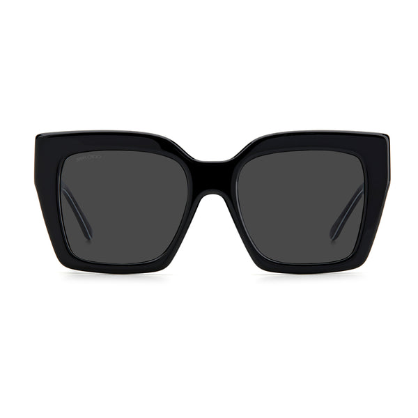 OCCHIALI DA SOLE JIMMY CHOO DONNA SQUADRATI NERI CON CRISTALLI E LOGO JC